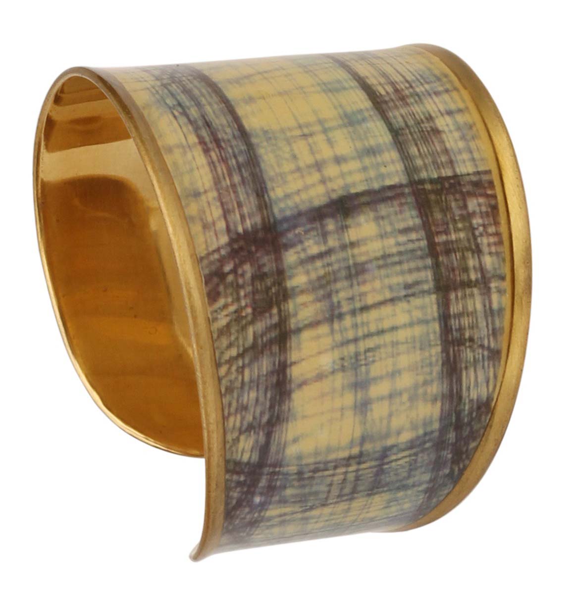 2.6” Brass Cuff Bracelet with Abstract Blue & Off-White Pattern - Golden Tone - Elegant Accessories / Jewelry / Gifts for Her - Buy in Bulk Wholesale